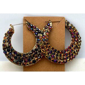 Vintage Gold-Tone Hoop Earrings With Multicolor Rhinestones & Embossed Detailing